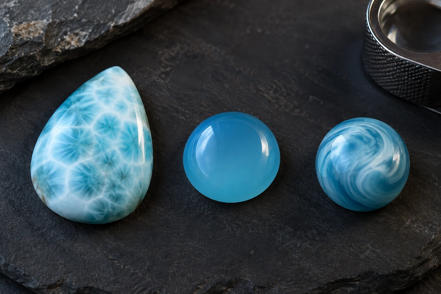 Natürlich, behandelt, imitiert und rekonstituiert: Larimar-Begriffe
