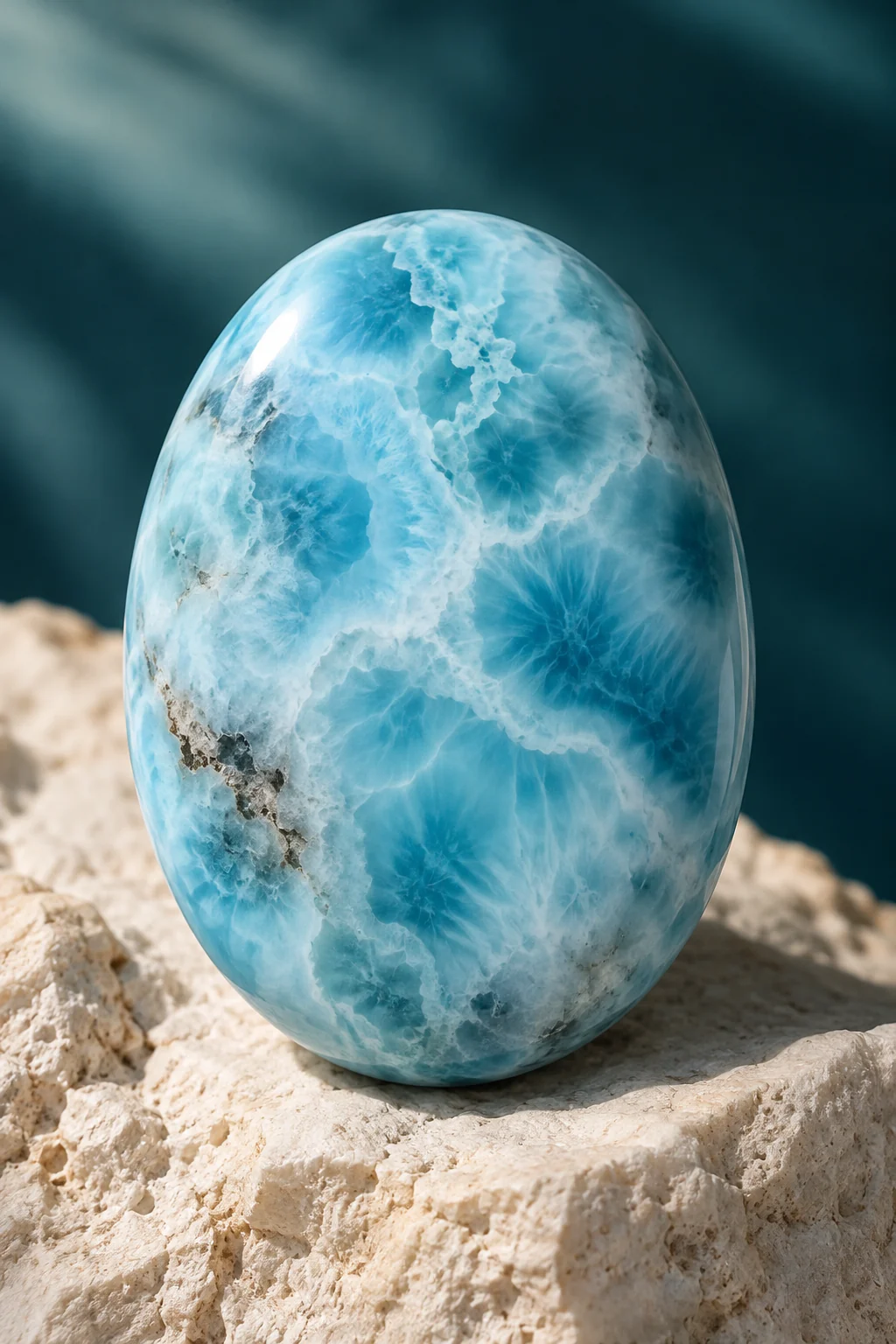 Blue and white Larimar cabochon on pale limestone