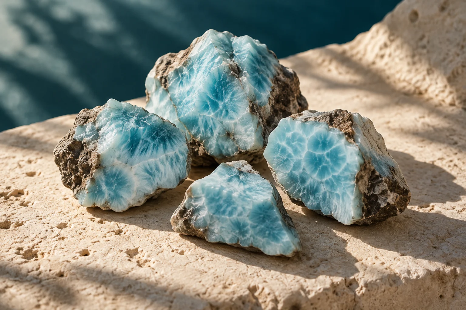Rough blue Larimar with white patterns and brown matrix
