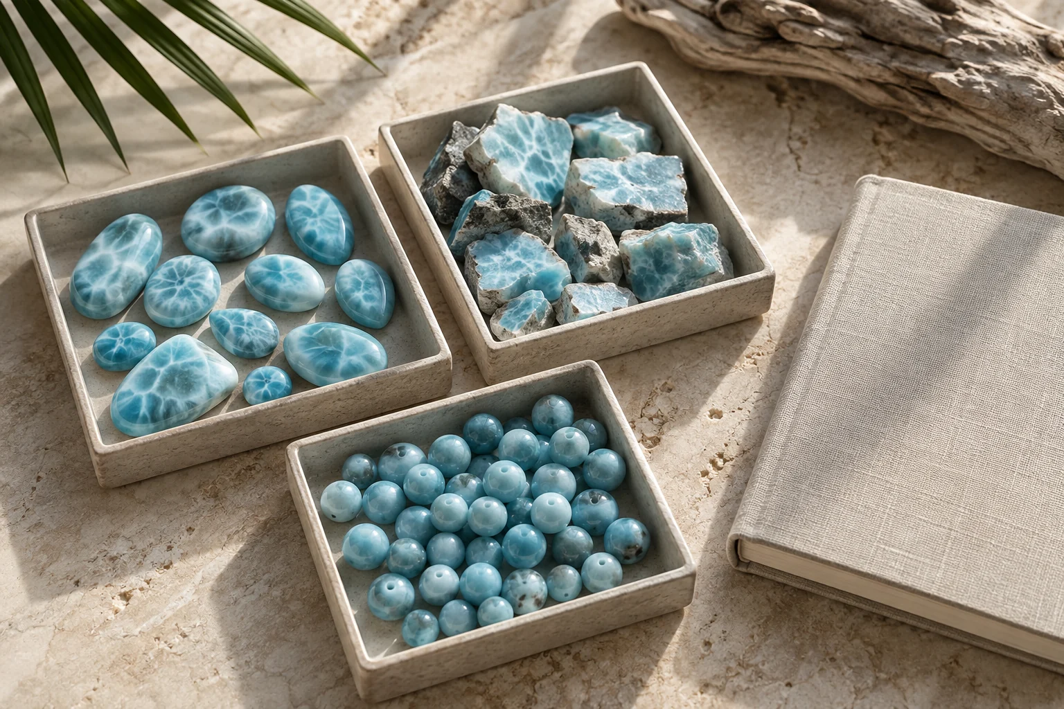 Oval, pear and round polished Larimar cabochons